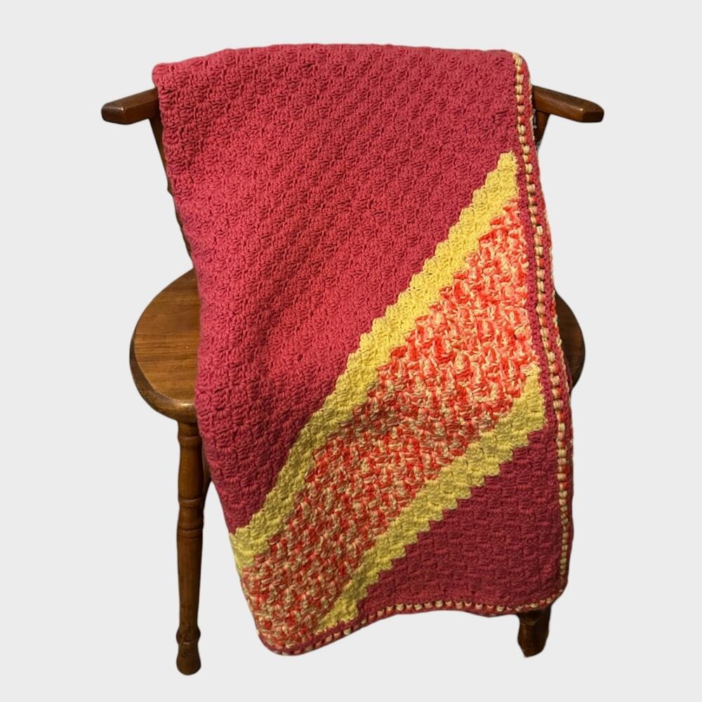 Handmade Crochet Pink with Pale Yellow Acrylic Yarn Afghan Blanket 48" x 50"